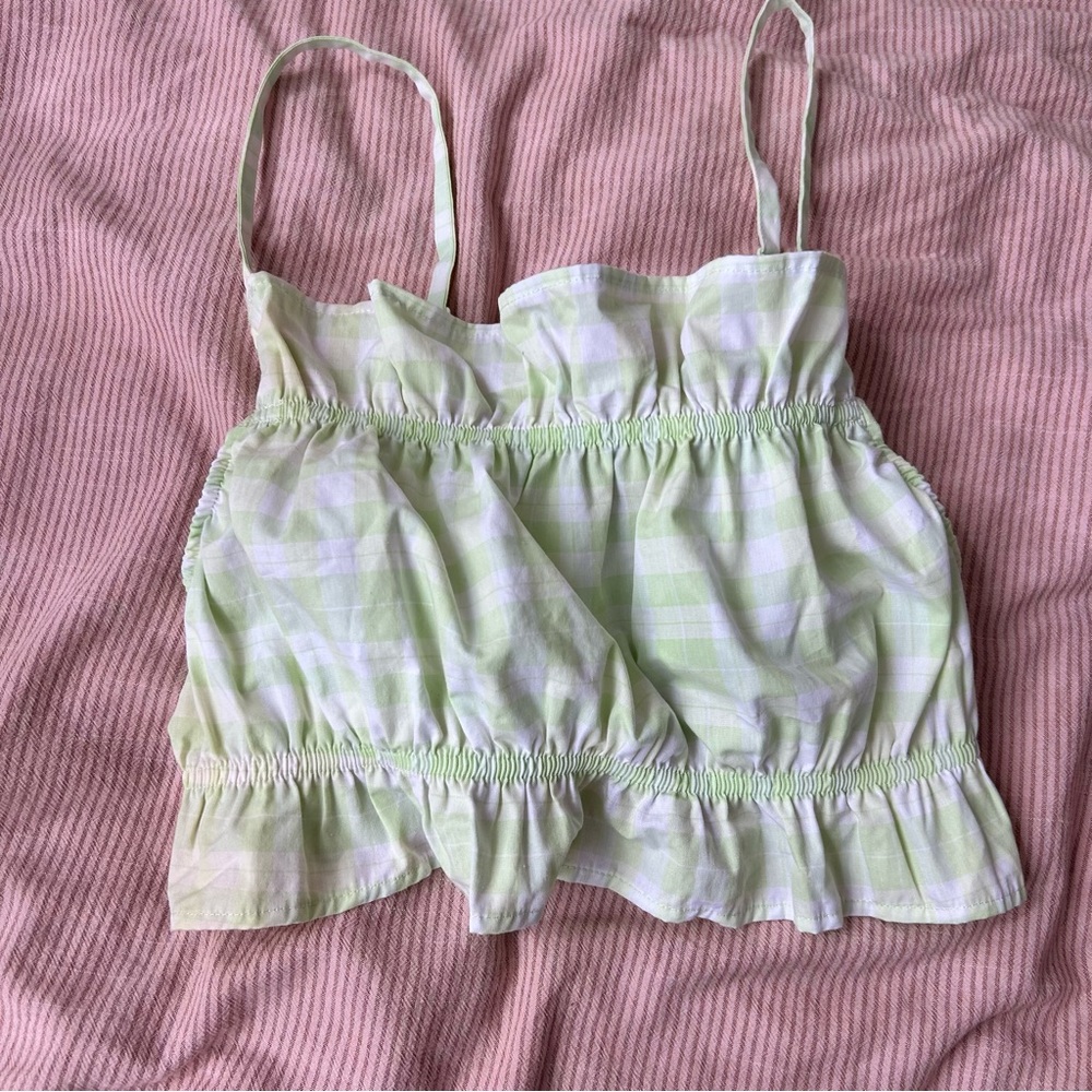 H&M Light Green and White Plaid Ruffled Crop Top